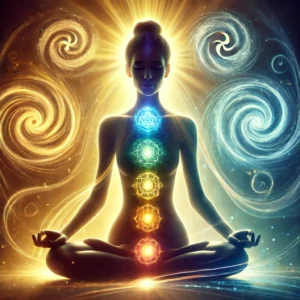 Silhouette de femme en méditation avec de l'énergie Prana