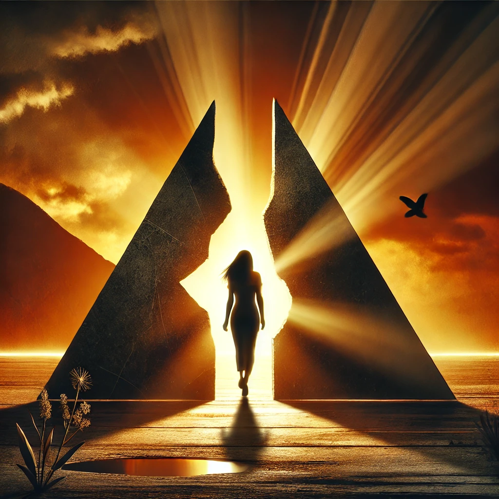 Silhouette avançant vers la lumière entre deux structures, symbolisant la reprise de pouvoir et le choix personnel