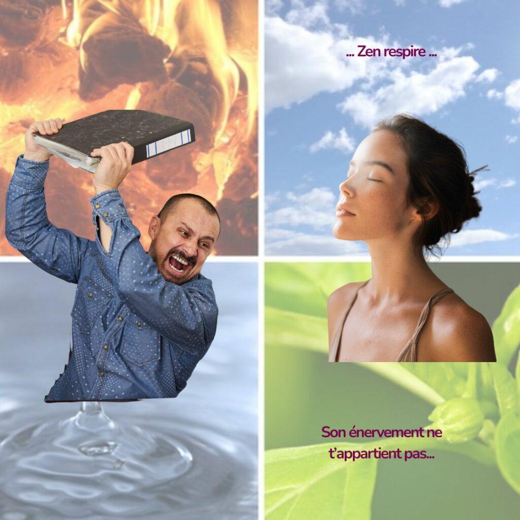 Illustration humoristique ayurvédique : un homme furieux brandit un classeur en feu tandis qu’une femme médite calmement, symbole de la maîtrise des doshas.