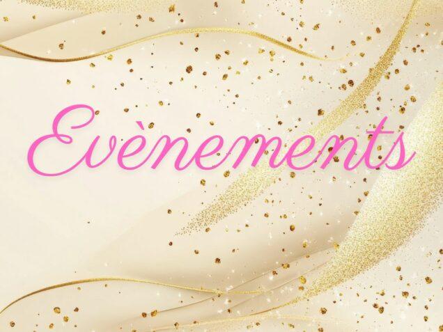 Visuel doré avec paillettes et le mot “Événements” en rose, illustrant les ateliers, rencontres et formations bien-être proposés par Souffle d’Inde à Marsac-en-Livradois.
