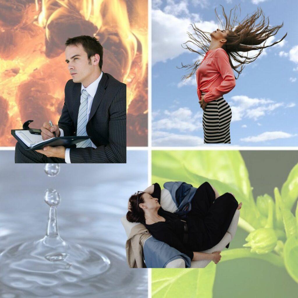 Illustration des trois doshas ayurvédiques : Pitta le feu concentré, Vata l’air libre et créatif, Kapha la douceur calme et stable, entre feu, air, eau et terre.