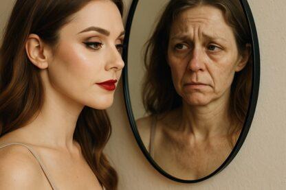 Femme maquillée regardant son reflet authentique dans le miroir, symbole du vrai soin de soi au-delà des apparences.