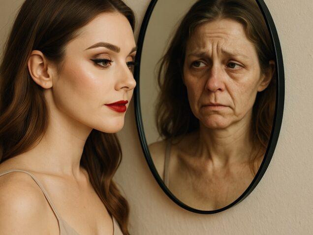 Femme maquillée regardant son reflet authentique dans le miroir, symbole du vrai soin de soi au-delà des apparences.