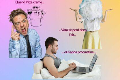 Illustration humoristique des trois doshas ayurvédiques : un Pitta en colère, un Vata distrait la tête dans les nuages et un Kapha allongé qui prend son temps.