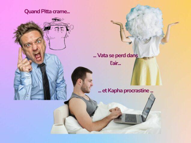 Illustration humoristique des trois doshas ayurvédiques : un Pitta en colère, un Vata distrait la tête dans les nuages et un Kapha allongé qui prend son temps.