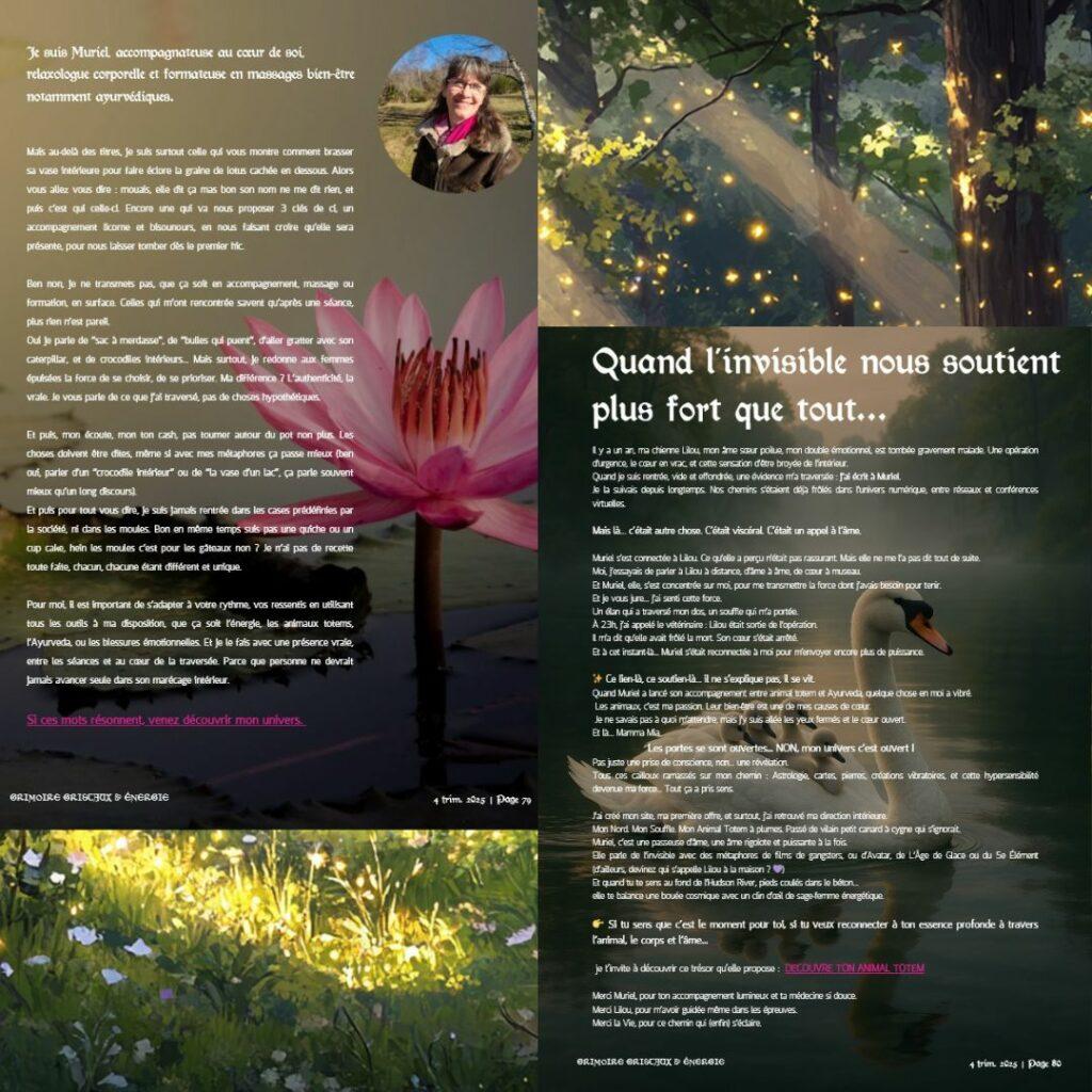 Pages du Grimoire Cristaux & Énergies avec les articles de Nathalie et de Muriel Depauw, sur le lien invisible, l’accompagnement et la reconnexion à soi