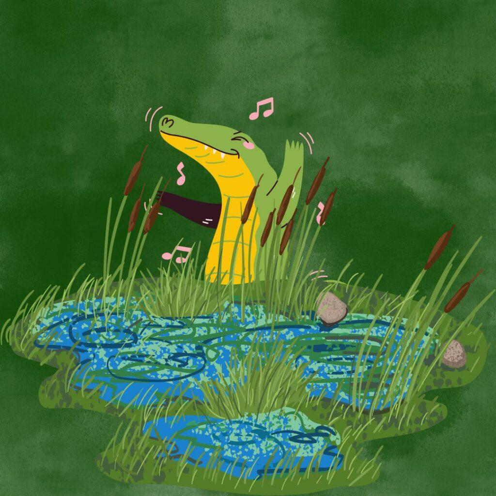 Illustration symbolique d’un crocodile se relaxant dans un marigot, représentant l’énergie bloquée et les émotions refoulées selon l’Ayurveda.