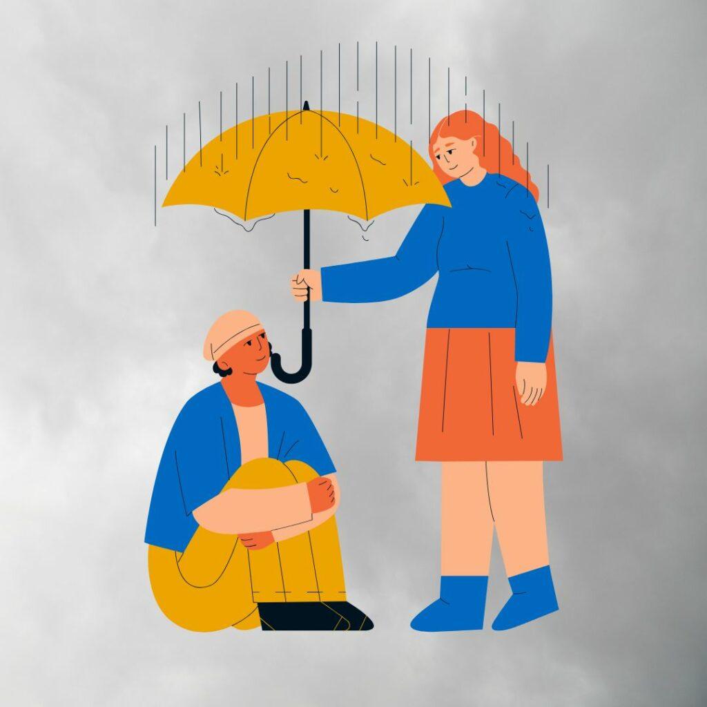 Illustration symbolique d’une femme tenant un parapluie pour protéger une autre personne assise sous la pluie, représentant le don naturel, l’écoute et la générosité spontanée.