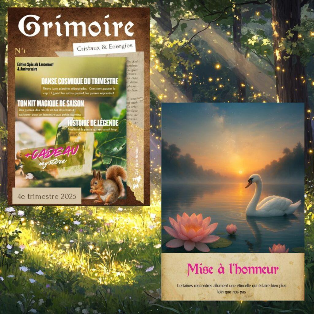 Couverture du magazine Grimoire Cristaux & Énergies et visuel “Mise à l’honneur” de Muriel Depauw, accompagnatrice au cœur de soi et relaxologue corporelle
