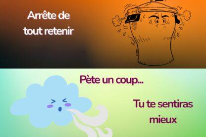 Illustration humoristique d’une cocotte-minute prête à exploser et d’un nuage qui souffle pour libérer la pression, symbole des émotions retenues en Ayurveda.