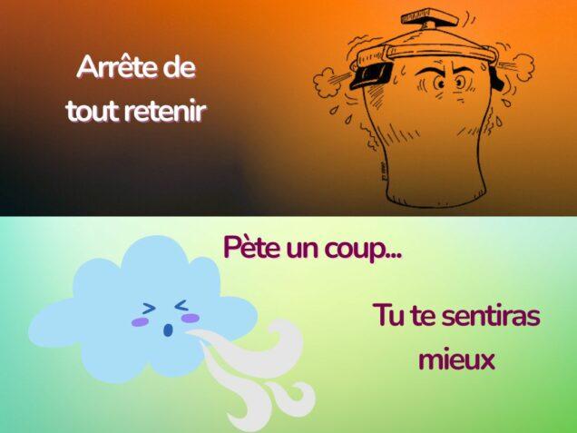 Illustration humoristique d’une cocotte-minute prête à exploser et d’un nuage qui souffle pour libérer la pression, symbole des émotions retenues en Ayurveda.