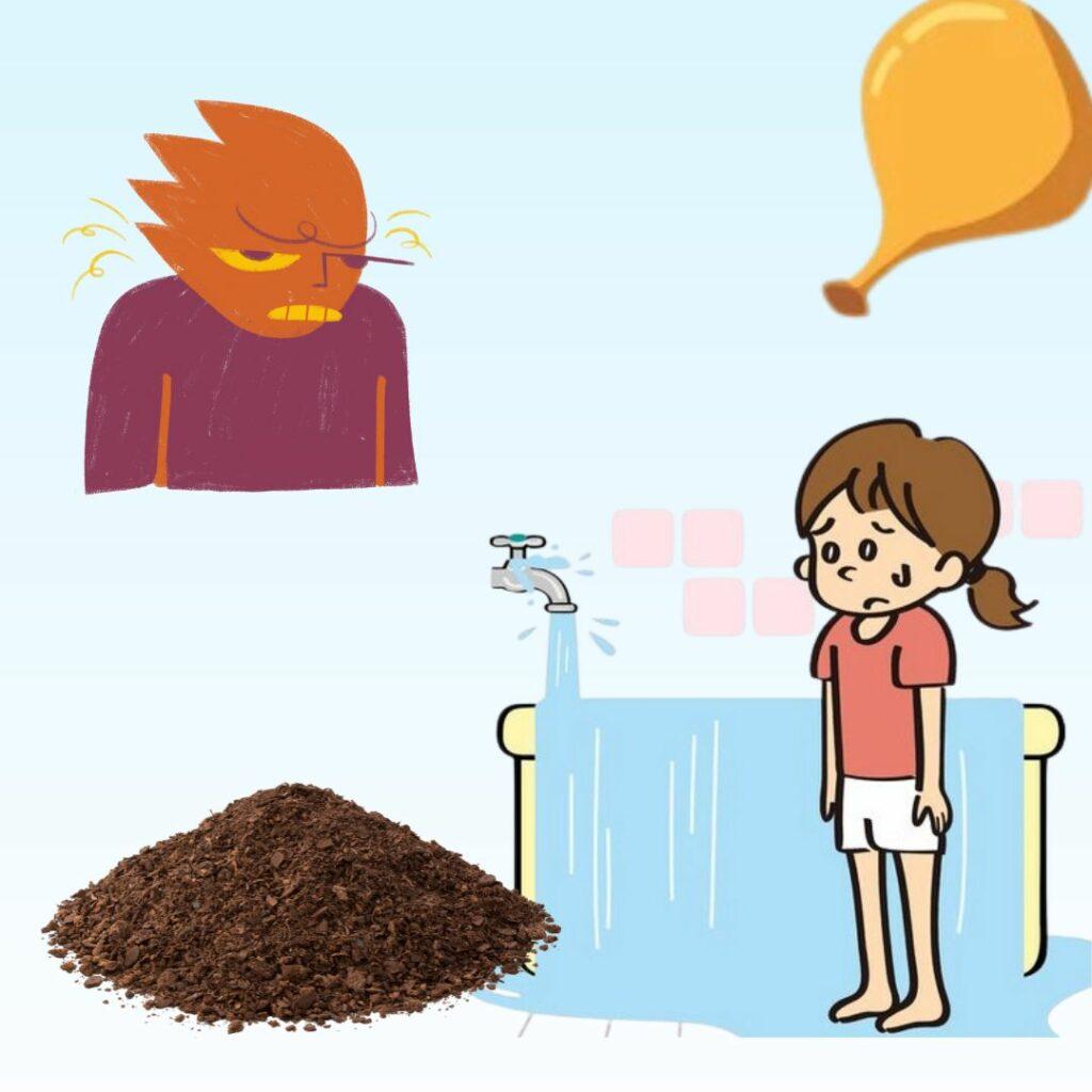 Illustration symbolique de la libération des émotions selon l’Ayurveda : colère en feu, terre stagnante, ballon gonflé prêt à éclater.