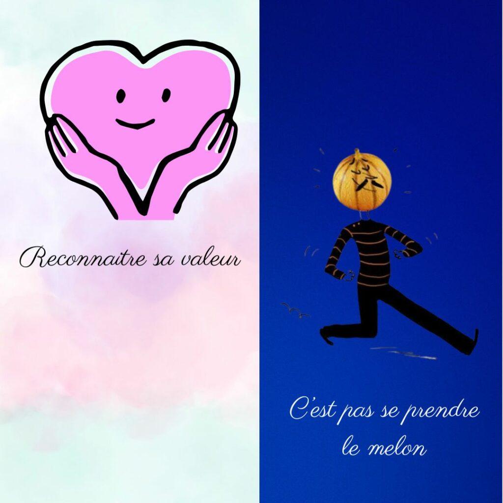 Illustration symbolique d’un cœur bienveillant et d’un personnage à tête de melon, représentant l’équilibre entre confiance en soi et humilité.