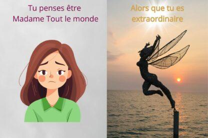 Illustration symbolique d’une femme qui se croit ordinaire à gauche et d’une fée lumineuse au coucher du soleil à droite, représentant la révélation de son extraordinaire intérieur.