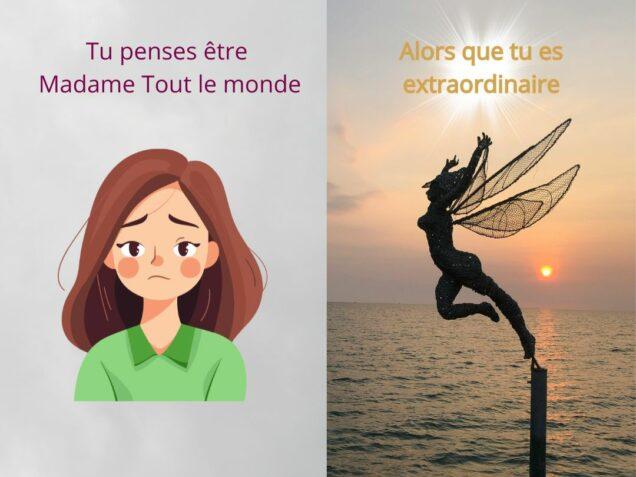 Illustration symbolique d’une femme qui se croit ordinaire à gauche et d’une fée lumineuse au coucher du soleil à droite, représentant la révélation de son extraordinaire intérieur.