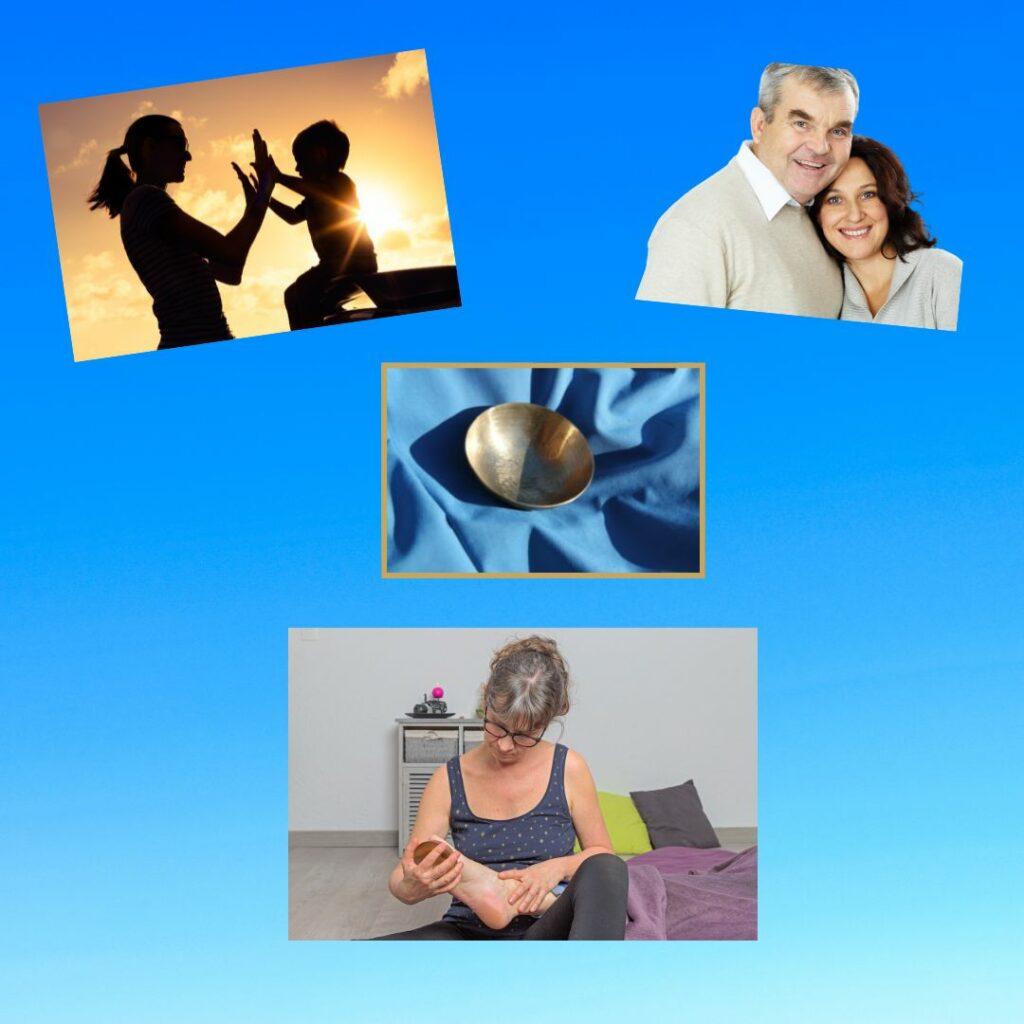 Atelier massage Kansu en duo parent-enfant ou conjoints, moment de bien-être et de complicité autour du bol traditionnel indien.