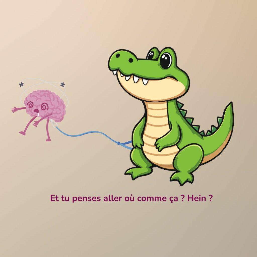 Un petit cerveau qui tente de s’échapper pendant qu’un crocodile le retient, symbolisant les 4 % de conscient face aux 96 % d’inconscient.