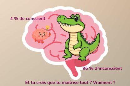 Illustration d’un cerveau avec 4 % de conscient et un crocodile représentant les 96 % d’inconscient qui pilotent notre vie.”