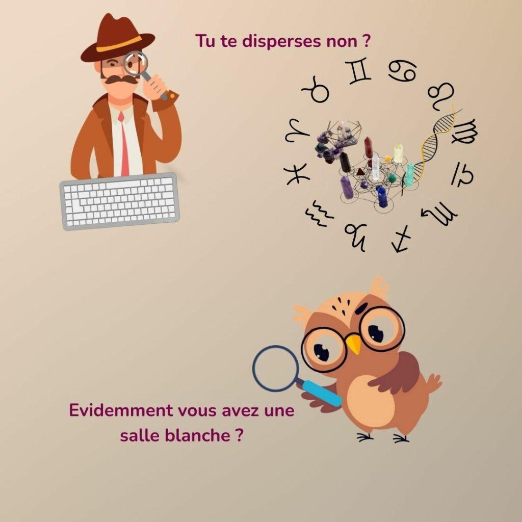 Illustration d’un homme cartoon avec clavier, disant « Tu te disperses ? », face à des symboles d’astrologie, de minéraux et de produits naturels. En dessous, un hibou avec une loupe demande « Évidemment vous avez une salle blanche ? ». Image humoristique sur la critique envers la créativité.