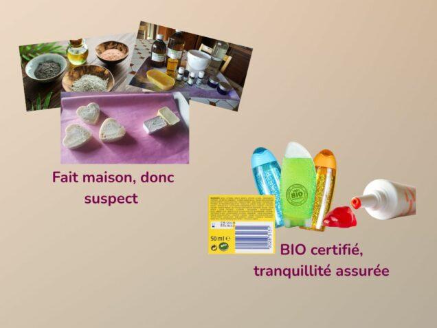 Comparaison entre produits d’hygiène faits maison et gels douche industriels “bio” avec ingrédients chimiques et emballages fluo.