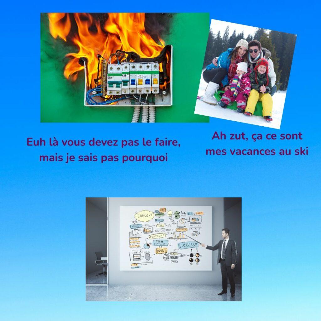 Tableau électrique en feu, photo de vacances au ski et diapos brouillon humoristiques illustrant une formation peu professionnelle.