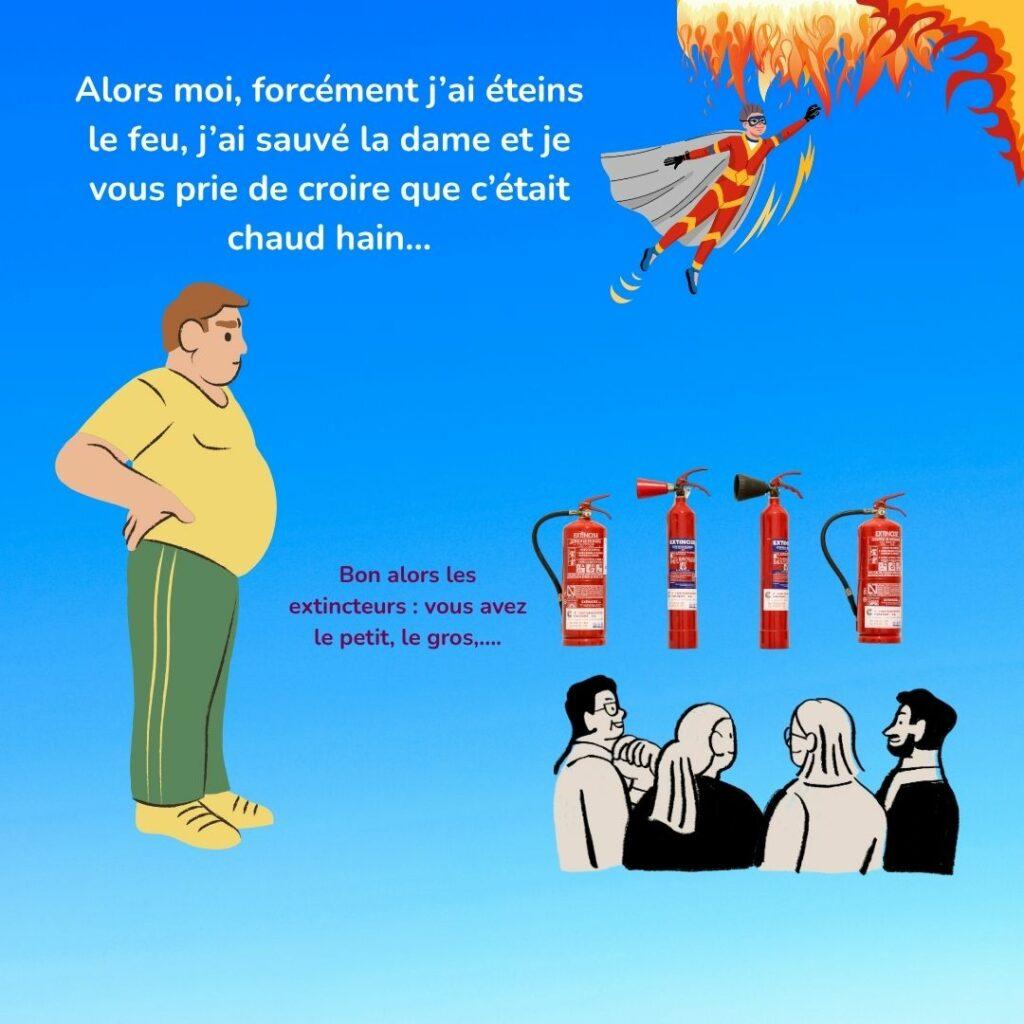 Illustration humoristique d’un formateur incendie parlant de ses exploits, avec extincteurs et participants en salle.