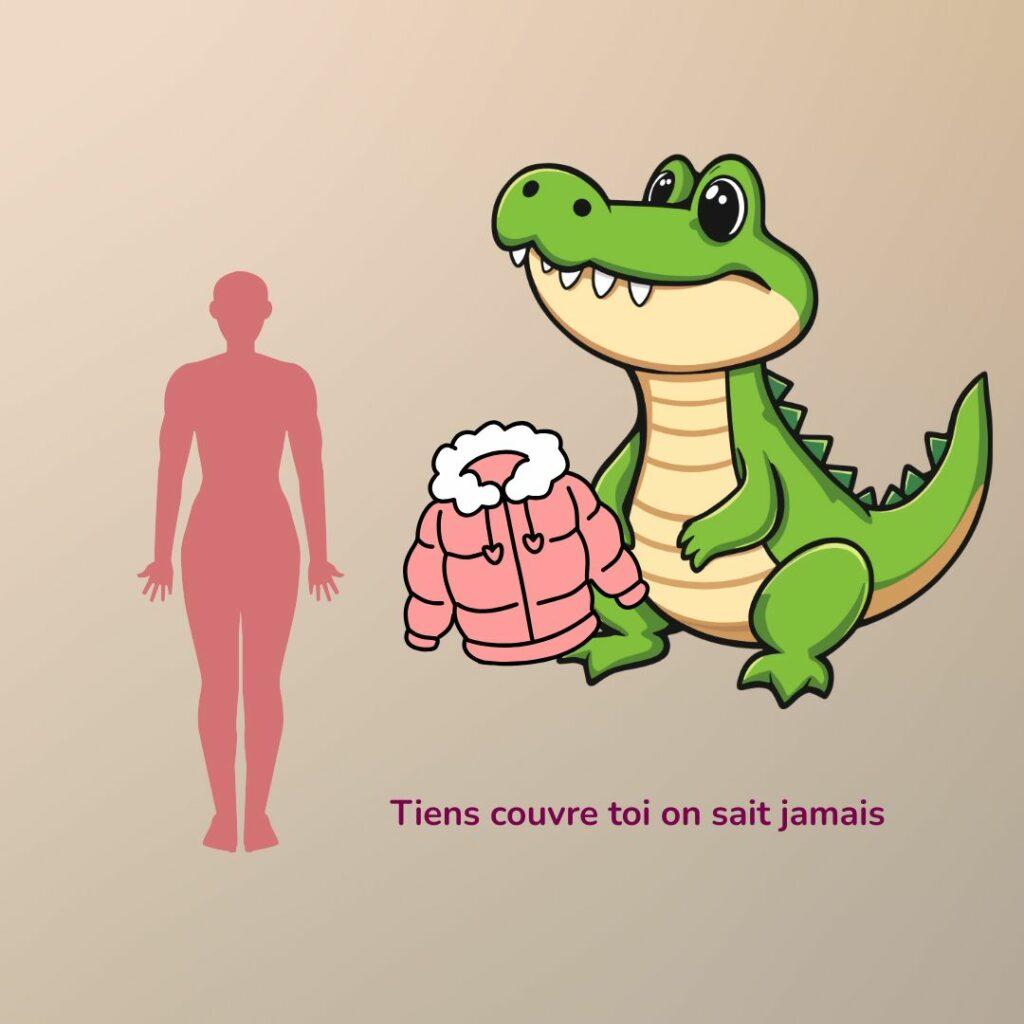 Un crocodile tend un manteau à une silhouette humaine pour la protéger, représentant l’inconscient qui stocke ou freine pour éviter la blessure.