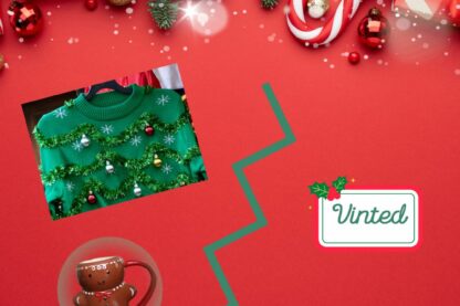 Pull de Noël vert déposé sur un fond rouge festif, avec un mug bonhomme pain d’épices et un logo Vinted, symbolisant la revente des cadeaux après les fêtes.
