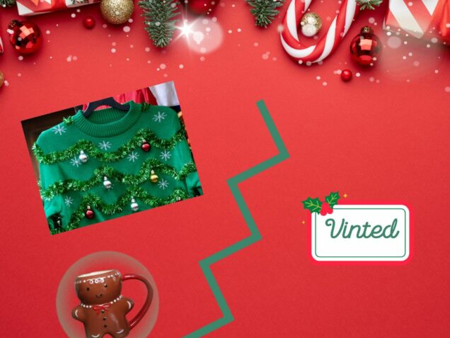 Pull de Noël vert déposé sur un fond rouge festif, avec un mug bonhomme pain d’épices et un logo Vinted, symbolisant la revente des cadeaux après les fêtes.