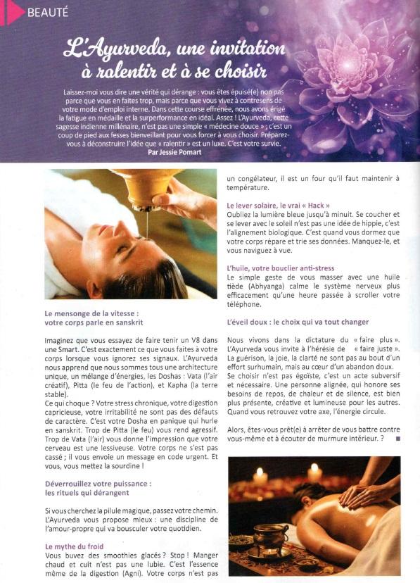 Article du magazine Top Maman sur l’Ayurveda écrit par Jessie Pomart, expliquant les doshas et l’importance de ralentir.