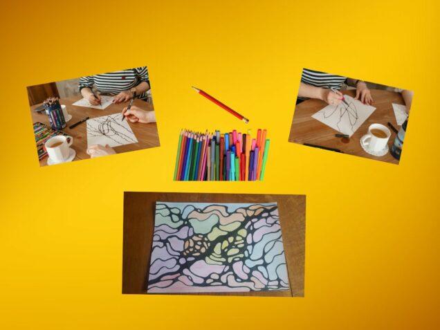 Image d’un atelier de dessin instinctif avec un fond jaune, trois photos : deux personnes dessinant avec feutres et crayons, un dessin instinctif finalisé en bas, et un pot de feutres colorés au centre.