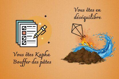 Illustration ayurvédique montrant la différence entre un questionnaire dosha rigide et les déséquilibres réels des éléments Terre, Eau, Feu et Air