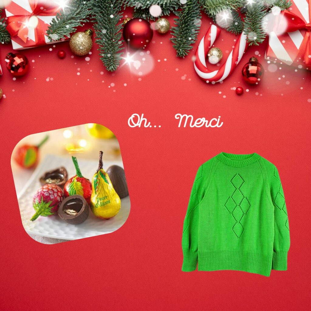 Assortiment de chocolats et fruits déguisés posé sur un fond festif, accompagné d’un pull vert pomme, illustrant les cadeaux de Noël décalés et mal choisis.