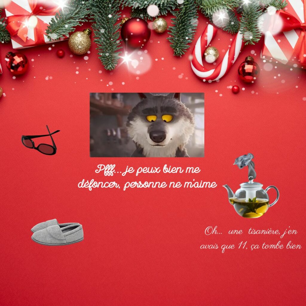Illustration humoristique montrant un loup triste façon pub de Noël, entouré de charentaises, de lunettes cassées et d’une tisanière, pour symboliser les cadeaux mal choisis et la blessure d’abandon.