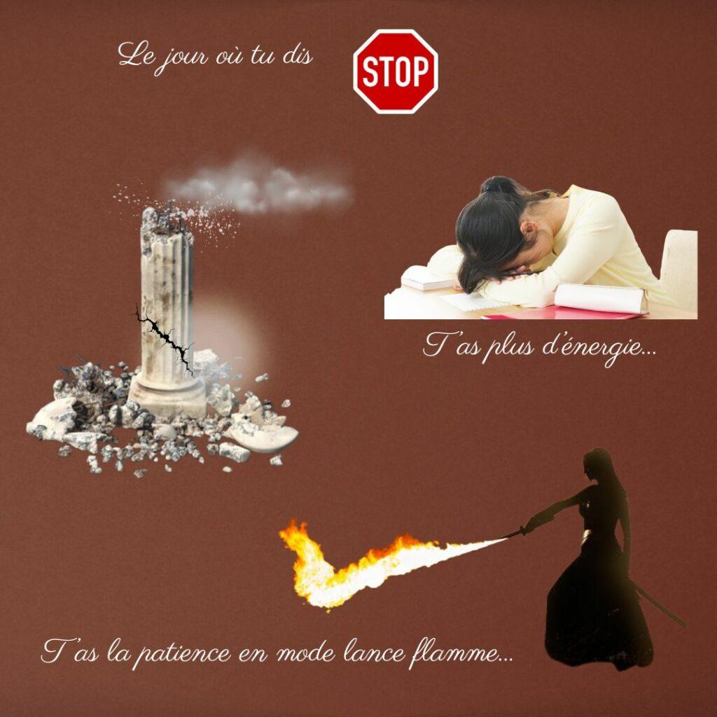 Illustration d’un pilier brisé avec de la fumée, une femme épuisée affalée sur une table, et une silhouette guerrière lançant des flammes, symbolisant l’effondrement émotionnel et physique d’un pilier structurel.