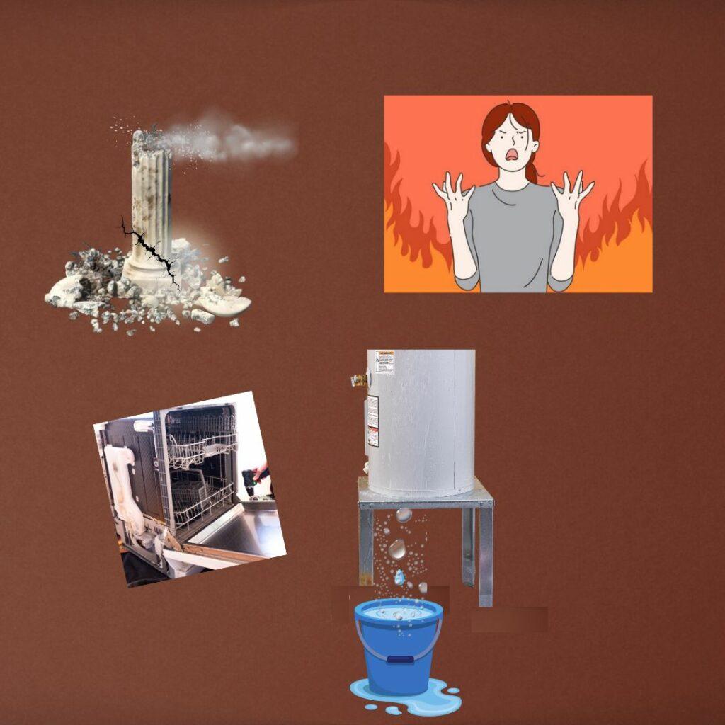 Pilier brisé entouré de débris, femme dépassée par les flammes émotionnelles, ballon d’eau chaude qui fuit et lave-vaisselle en panne, symbolisant l’effondrement simultané vécu par un pilier structurel.