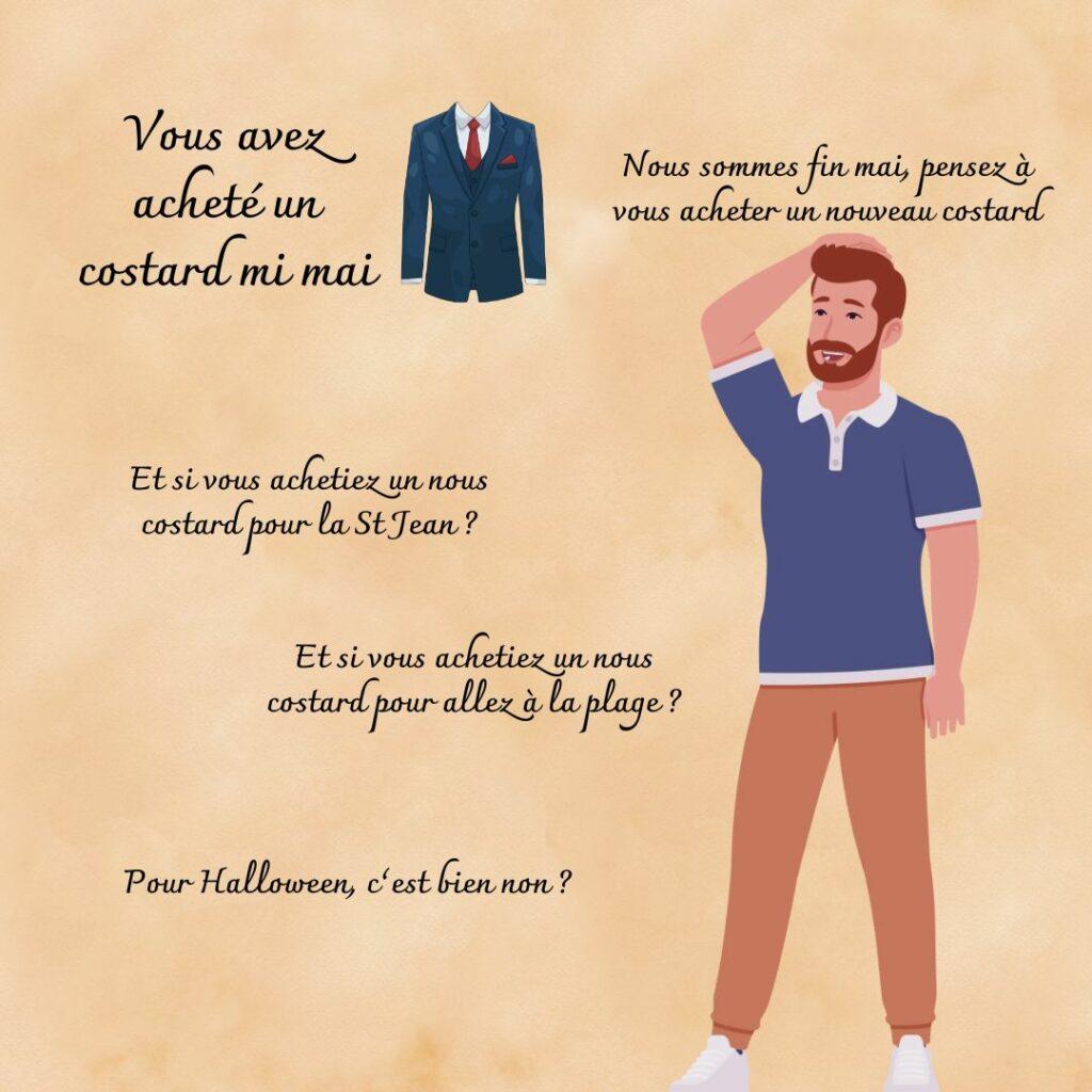 Illustration humoristique montrant un homme perplexe face à un costard et à une série de messages promotionnels répétitifs lui suggérant d’en acheter encore.