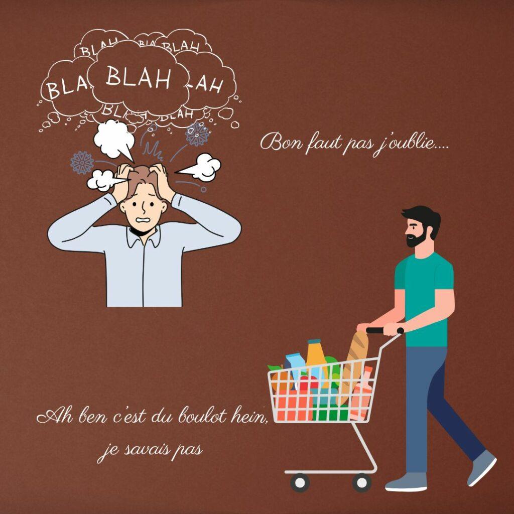 Illustration d’un homme débordé par le stress avec des pensées “bla bla” tandis qu’un autre fait ses tâches tranquillement, symbolisant la charge invisible du pilier structurel.