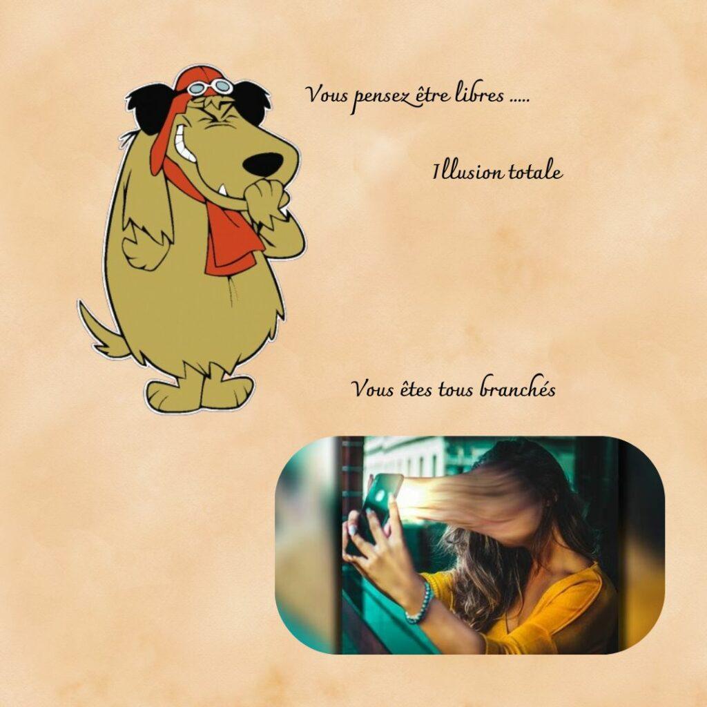 Illustration humoristique avec un personnage de cartoon qui ricane et une jeune femme absorbée par son smartphone, symbolisant l’illusion d’être libre dans un monde hyper connecté.