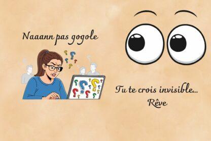 Illustration humoristique montrant une femme perdue devant ses applications et deux grands yeux symbolisant la surveillance numérique.