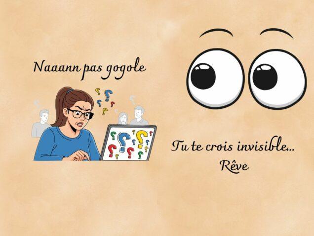 Illustration humoristique montrant une femme perdue devant ses applications et deux grands yeux symbolisant la surveillance numérique.