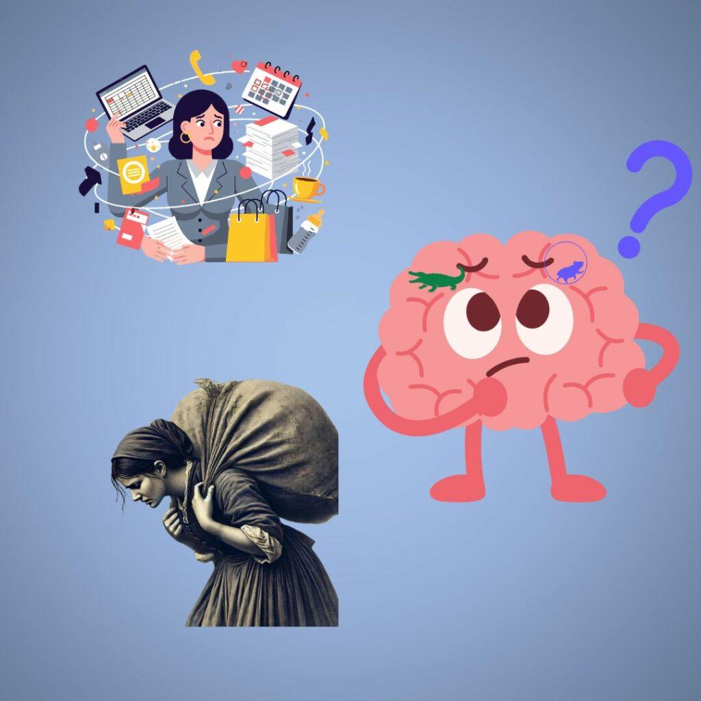 Montage illustrant la surcharge mentale : une femme submergée par des tâches quotidiennes, un cerveau confus qui rumine, et une femme portant un sac lourd. Représentation visuelle du poids émotionnel et du mental qui s’emballe