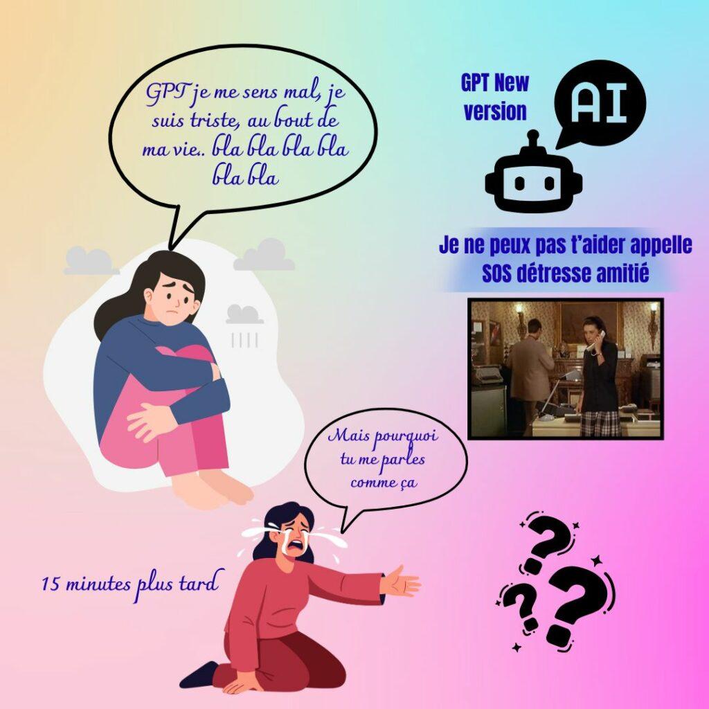 Une femme triste demande de l’aide à une IA qui répond froidement d’appeler SOS, créant incompréhension et détresse.