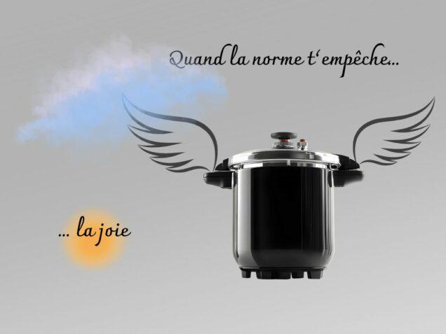 Cocotte-minute avec des ailes, symbole de la joie freinée par les normes, et halo orange représentant l’élan intérieur étouffé