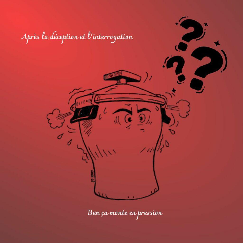 Illustration d’une cocotte-minute stressée avec des points d’interrogation, symbolisant la pression émotionnelle qui explose sans espace d’expression.