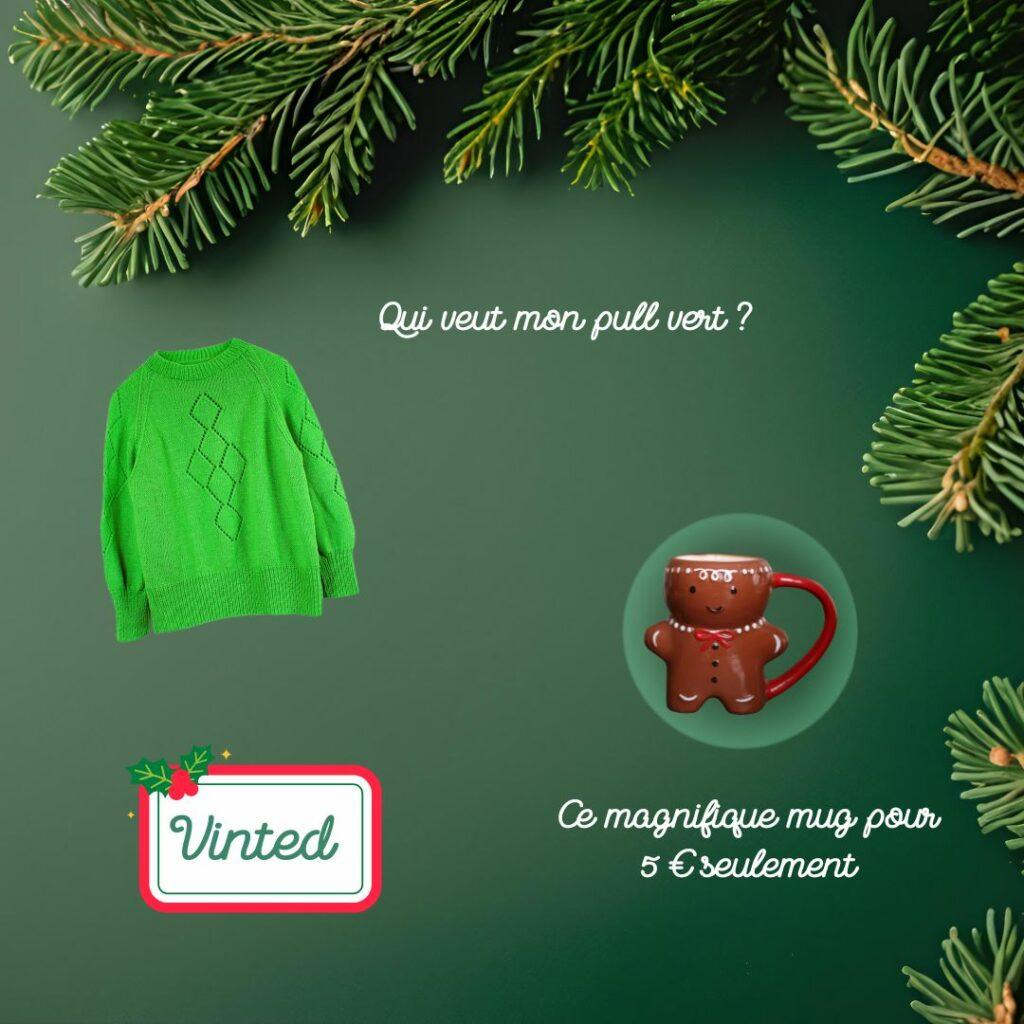 Illustration humoristique montrant un pull vert fluo et un mug pain d’épices proposés à la revente sur fond vert sapin, avec branches de conifères et logo Vinted.