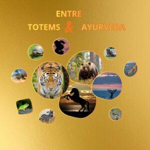 Illustration dorée représentant un accompagnement entre animaux totems et Ayurveda, avec des archétypes animaux symbolisant l’équilibre intérieur et l’énergie vitale.