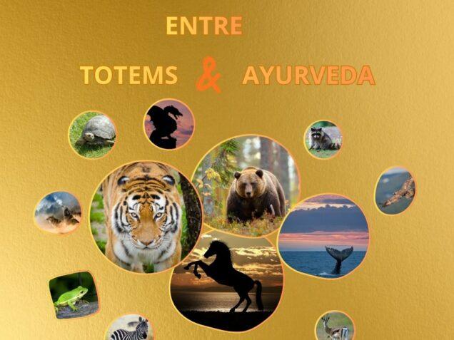 Illustration dorée représentant un accompagnement entre animaux totems et Ayurveda, avec des archétypes animaux symbolisant l’équilibre intérieur et l’énergie vitale.