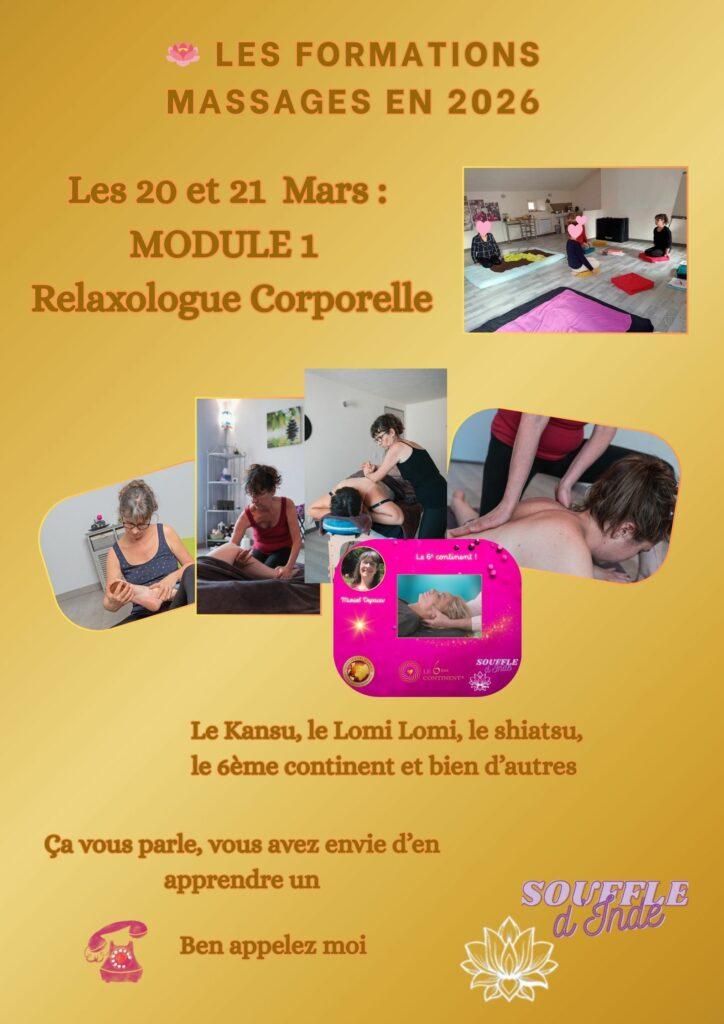 Affiche des formations massages 2026 : Module 1 Relaxologue Corporelle les 20 et 21 mars, avec visuels de pratiques et contact Souffle d’Inde.