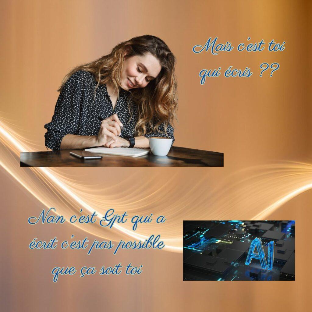 Femme écrivant sur un carnet, face à des commentaires insinuant que son texte vient de l’IA. Illustration du jugement envers les personnes qui écrivent avec authenticité